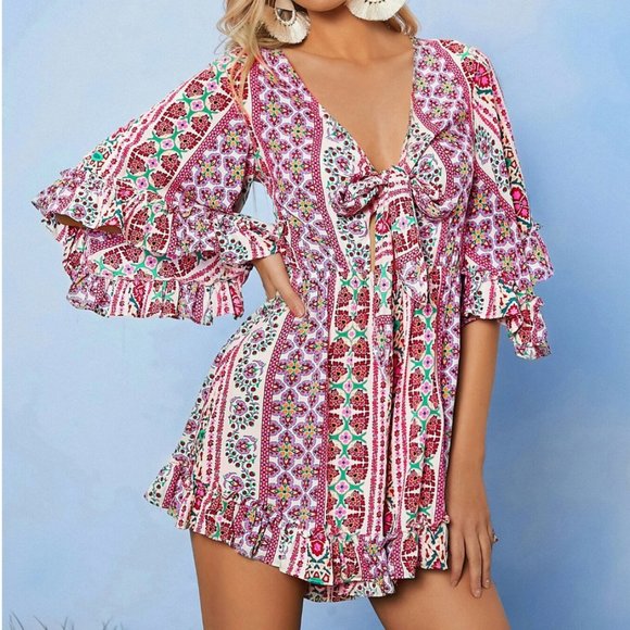 Boho Flounce Sleeve Tie Front Floral Romper - Picture 1 of 7